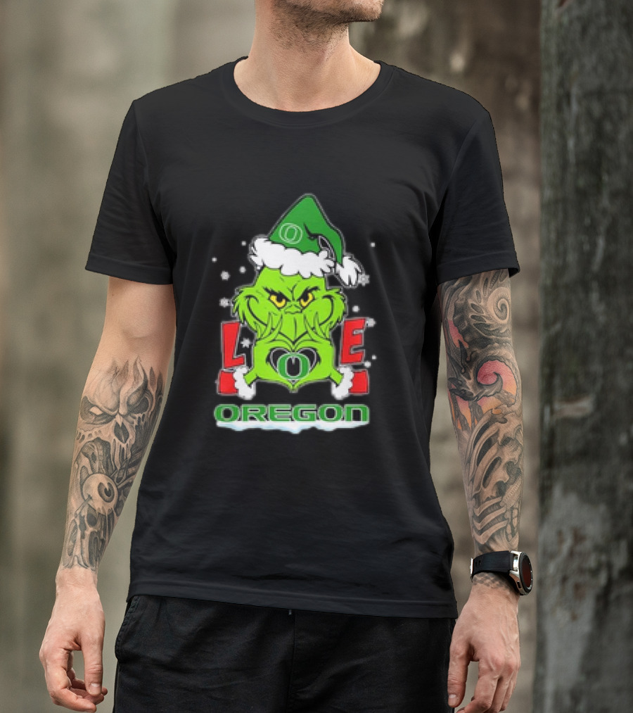 Grinch Hand Love Oregon Ducks Christmas Santa Hat Snowflakes T-Shirt