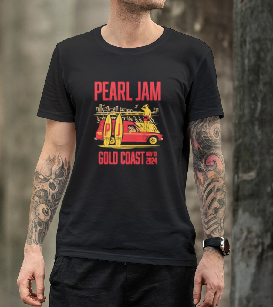 Pearl Jam Gold Coast Nov 19 2024 Event Red Car Surfer And Surfboards T-Shirt