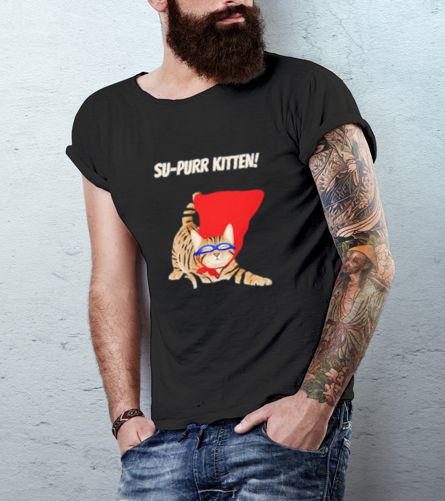 Su-Purr Kitten Cute Super Hero Cat Meme With Red Cape And Mask T-Shirt