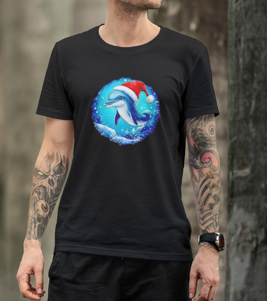 Dolphins Christmas Cute Santa Hat Snowflakes T-Shirt