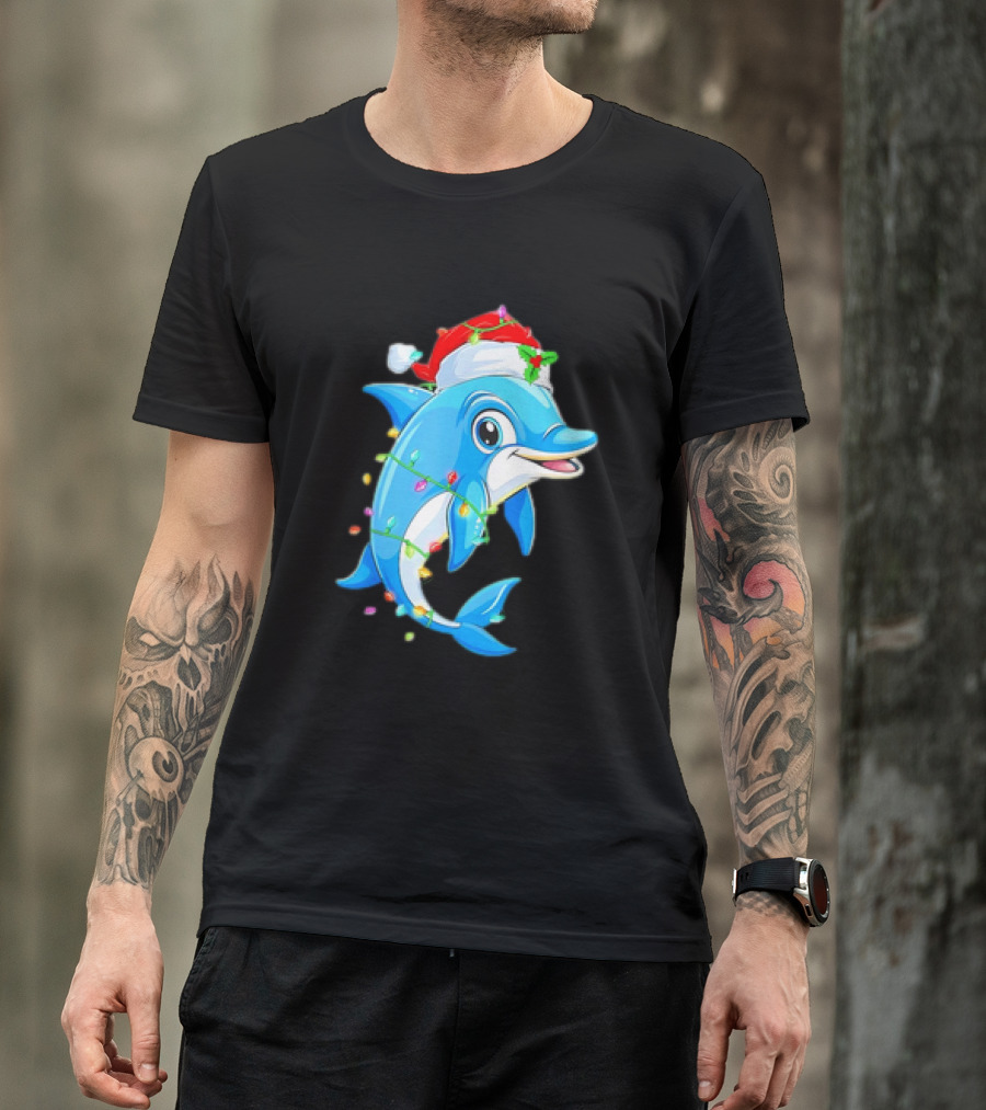 Dolphin In Santa Hat Wrapped In Christmas Tree Lights Pajamas T-Shirt