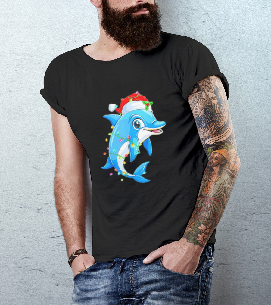 Dolphin In Santa Hat Wrapped In Christmas Tree Lights Pajamas T-Shirt