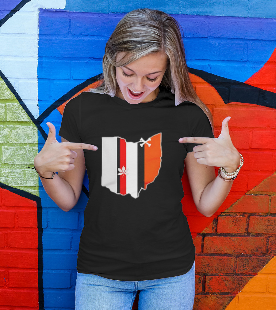 Ohio Map Stripes Football Buckeye Leaf Browns Colors T-Shirt