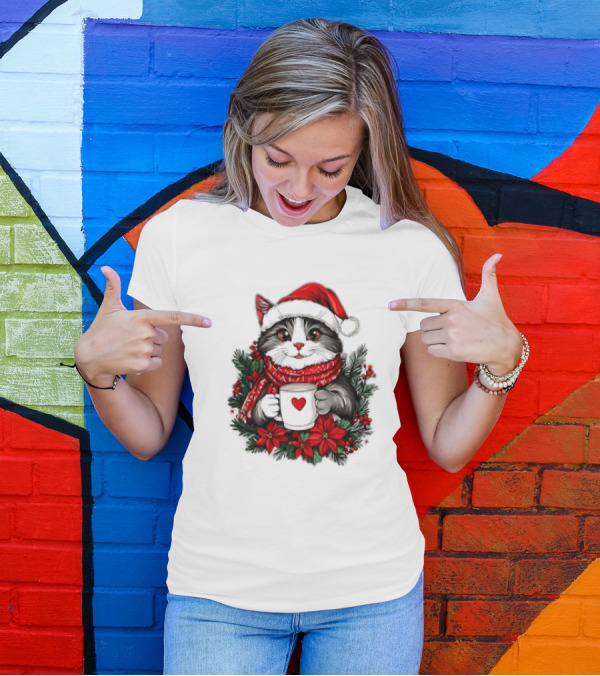 Christmas Cat Santa Hat Coffee Mug Festive T-Shirt