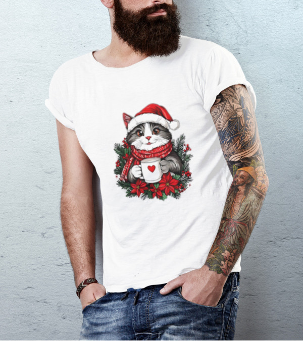 Christmas Cat Santa Hat Coffee Mug Festive T-Shirt