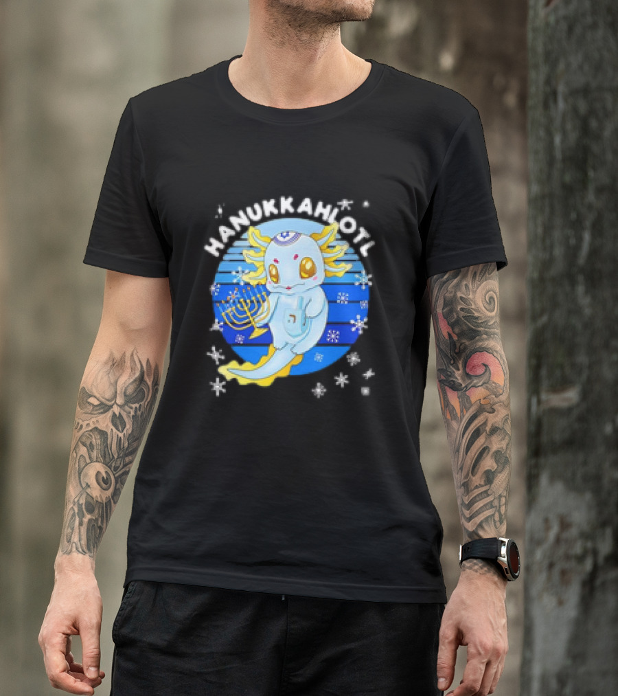 Hanukkahlotl Axolotl Dreidel Menorah Snowflakes Retro T-Shirt