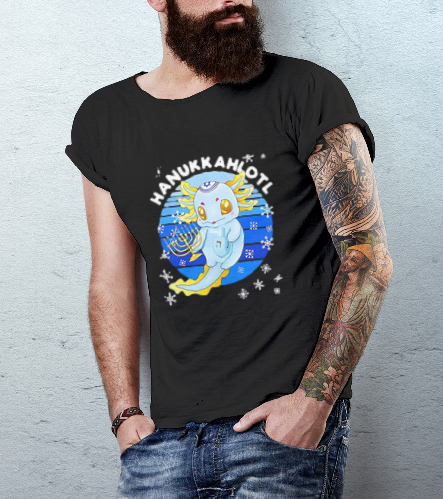Hanukkahlotl Axolotl Dreidel Menorah Snowflakes Retro T-Shirt