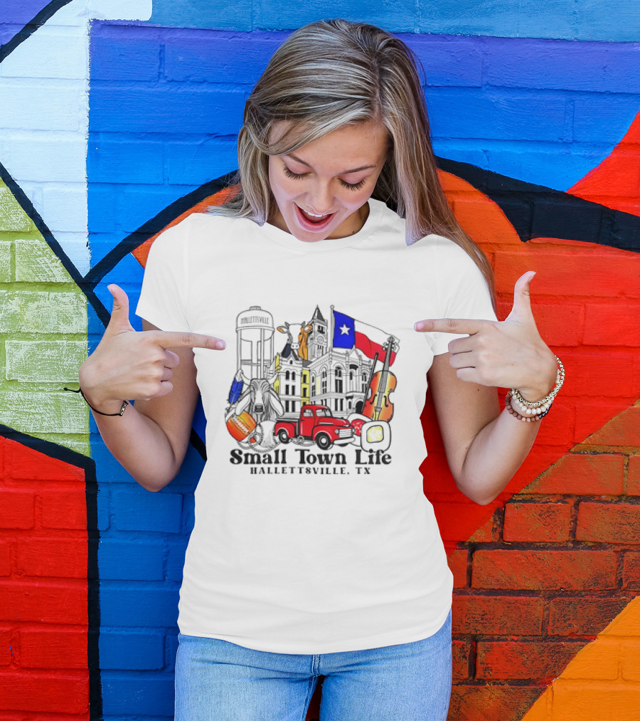Small Town Life Hallettsville TX Water Tower Historic Courthouse Red Truck Texas Flag Cow Guitar T-Shirt