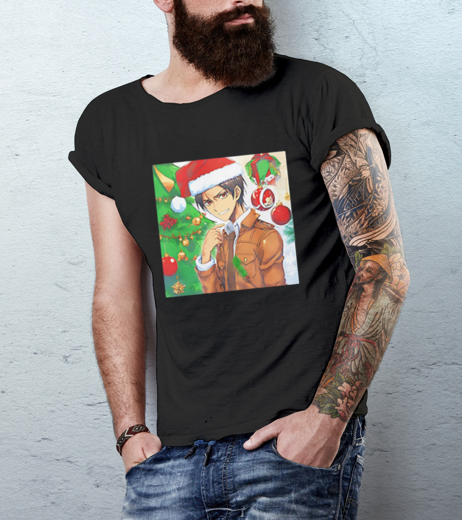 Eren Yeager Santa Hat Christmas Attack On Titan Anime Festive Tree Ornaments T-Shirt