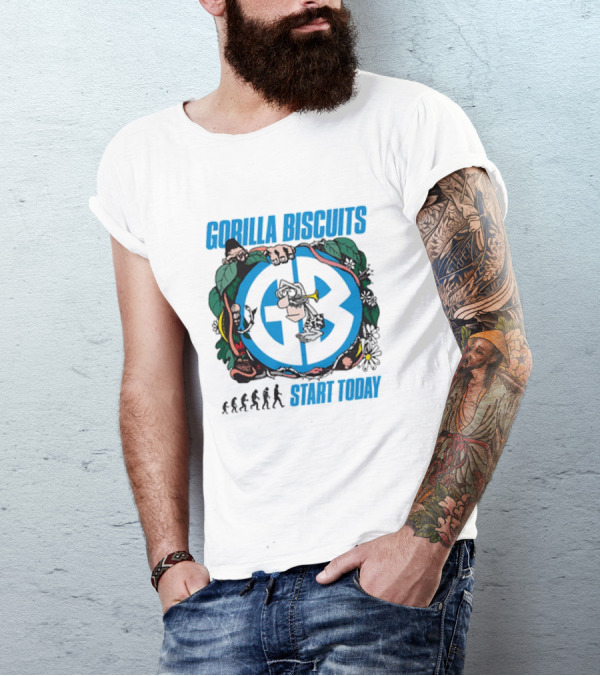 Gorilla Biscuits Start Today Evolution Theme Logo With Characters And Nature Elements T-Shirt