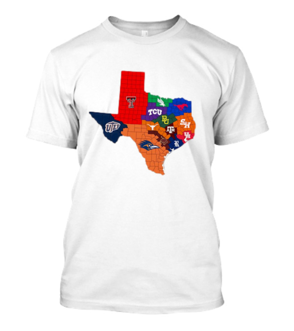 Map Of Texas College Football Teams Featuring TCU Baylor Texas A&M Texas Tech UTEP T-Shirt
