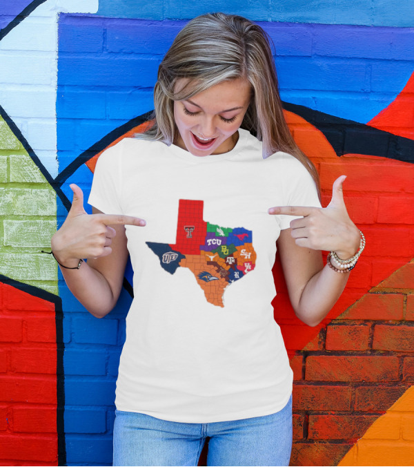 Map Of Texas College Football Teams Featuring TCU Baylor Texas A&M Texas Tech UTEP T-Shirt
