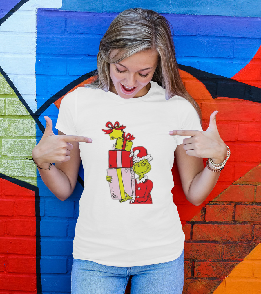 Grinch With Stacked Christmas Gifts Santa T-Shirt