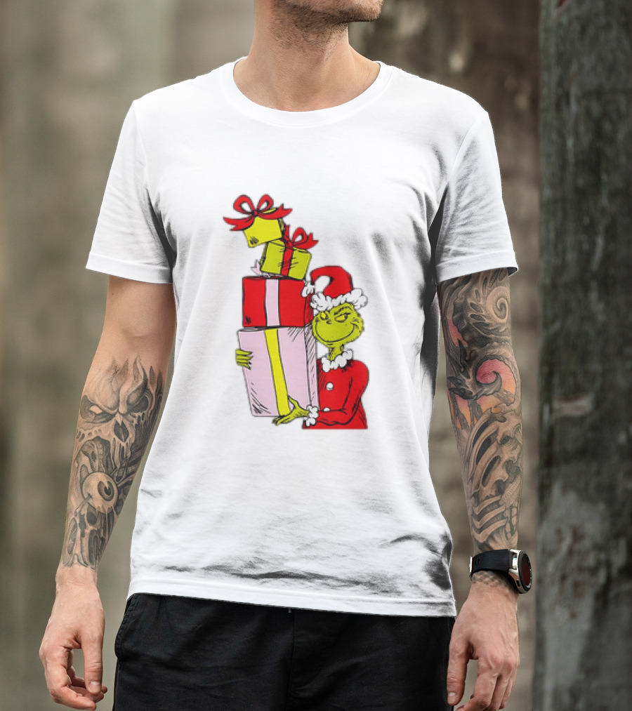 Grinch With Stacked Christmas Gifts Santa T-Shirt