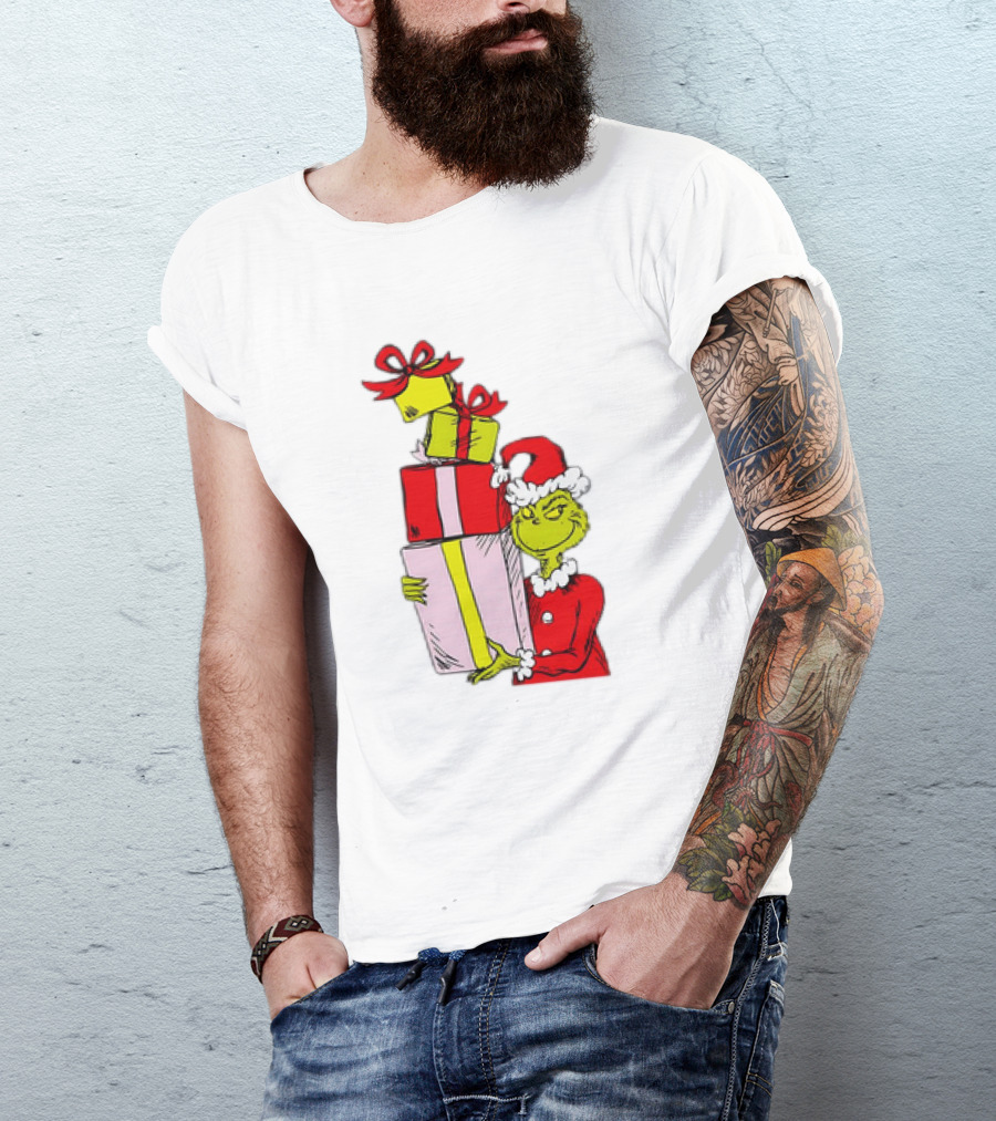 Grinch With Stacked Christmas Gifts Santa T-Shirt
