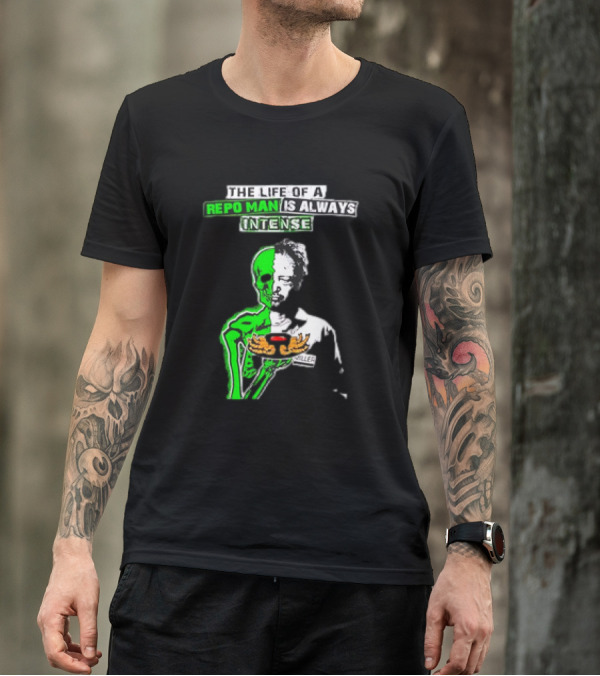 The Life Of A Repo Man Is Always Intense Skull Duality Neon Green Skeleton Black Hat Grim Reaper Delivery Pizza Box Killer T-Shirt
