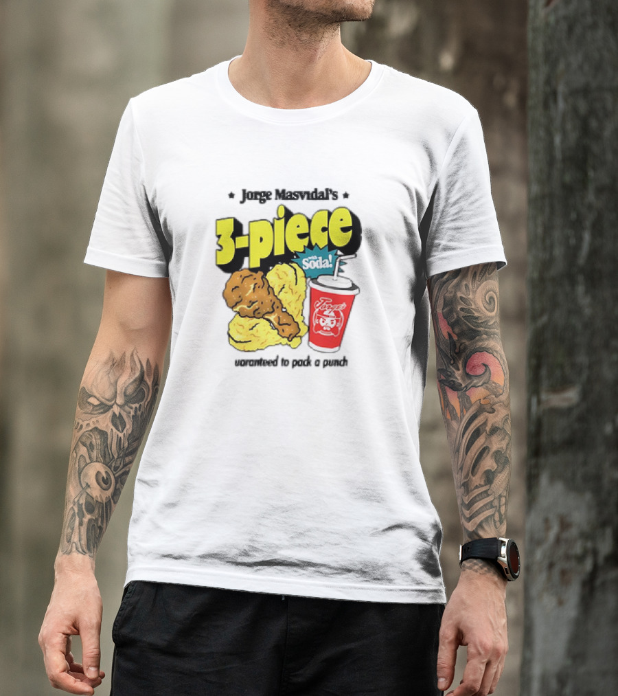 Jorge Masvidal's 3-Piece With Soda Guaranteed To Pack A Punch Chicken And Drink Combo T-Shirt
