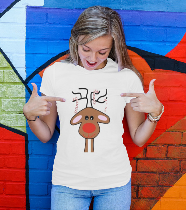 Red Nose Christmas Reindeer With Candy Cane Antlers T-Shirt