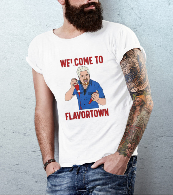 WECOME TO FLAVORTOWN Flavortown Guy Character Cartoon Blue Shirt Red Bottles T-Shirt