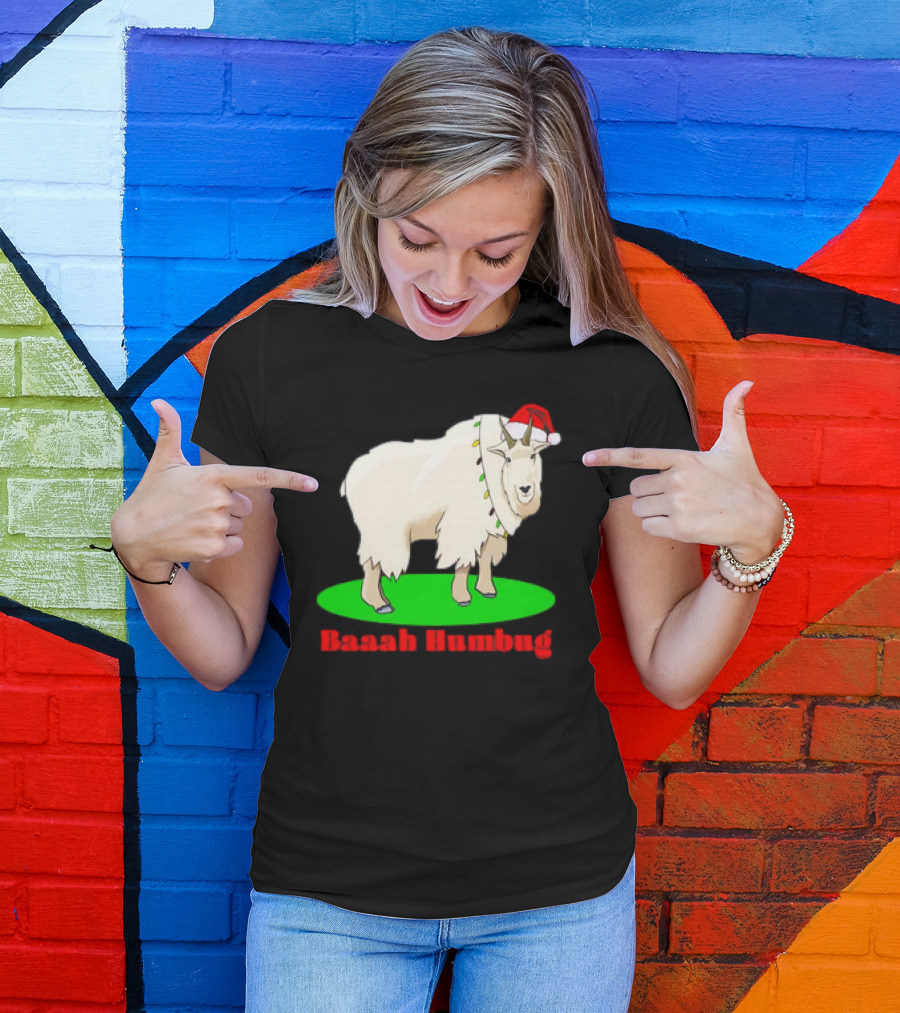 Baaah Humbug Goat With Santa Hat Holiday Lights T-Shirt