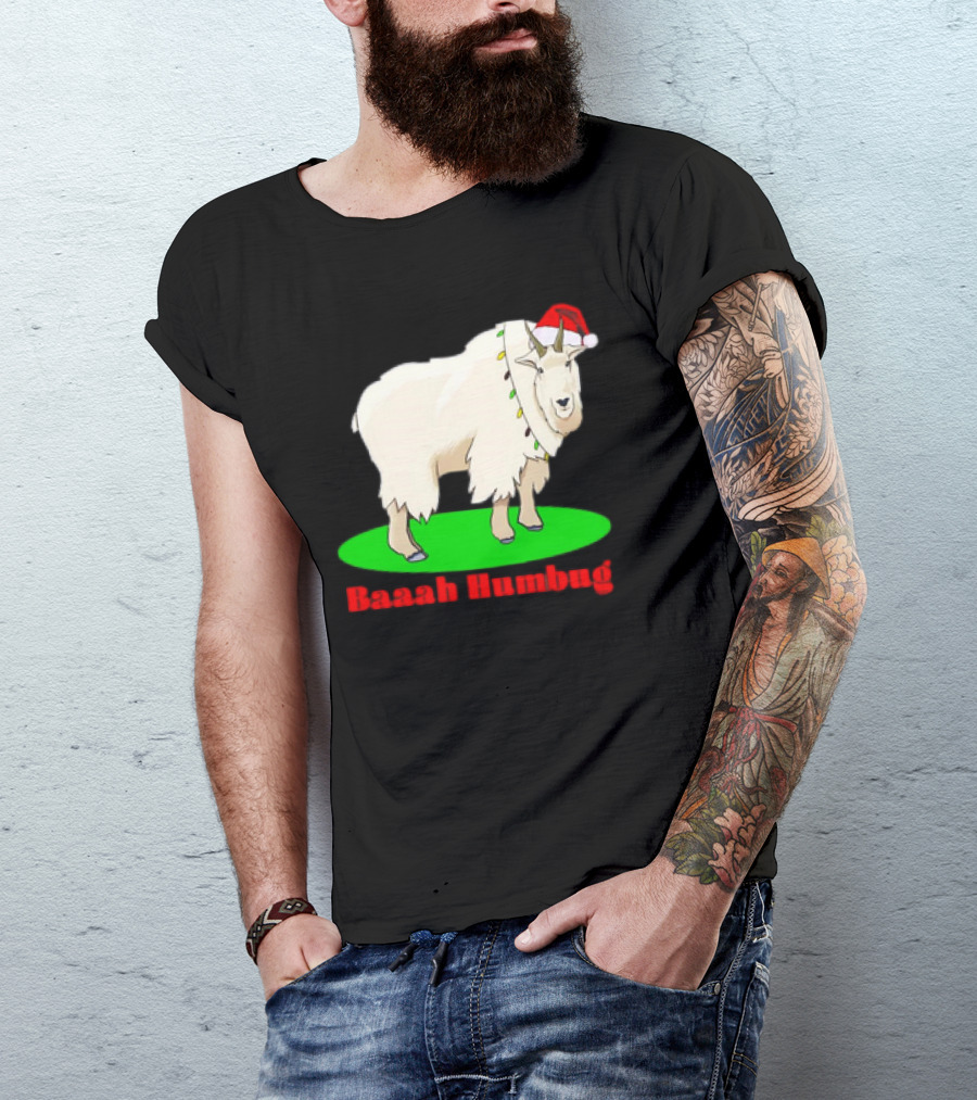 Baaah Humbug Goat With Santa Hat Holiday Lights T-Shirt
