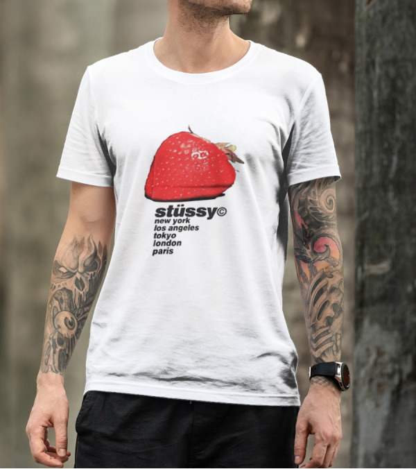 Stussy Strawberry Design New York Los Angeles Tokyo London Paris T-Shirt