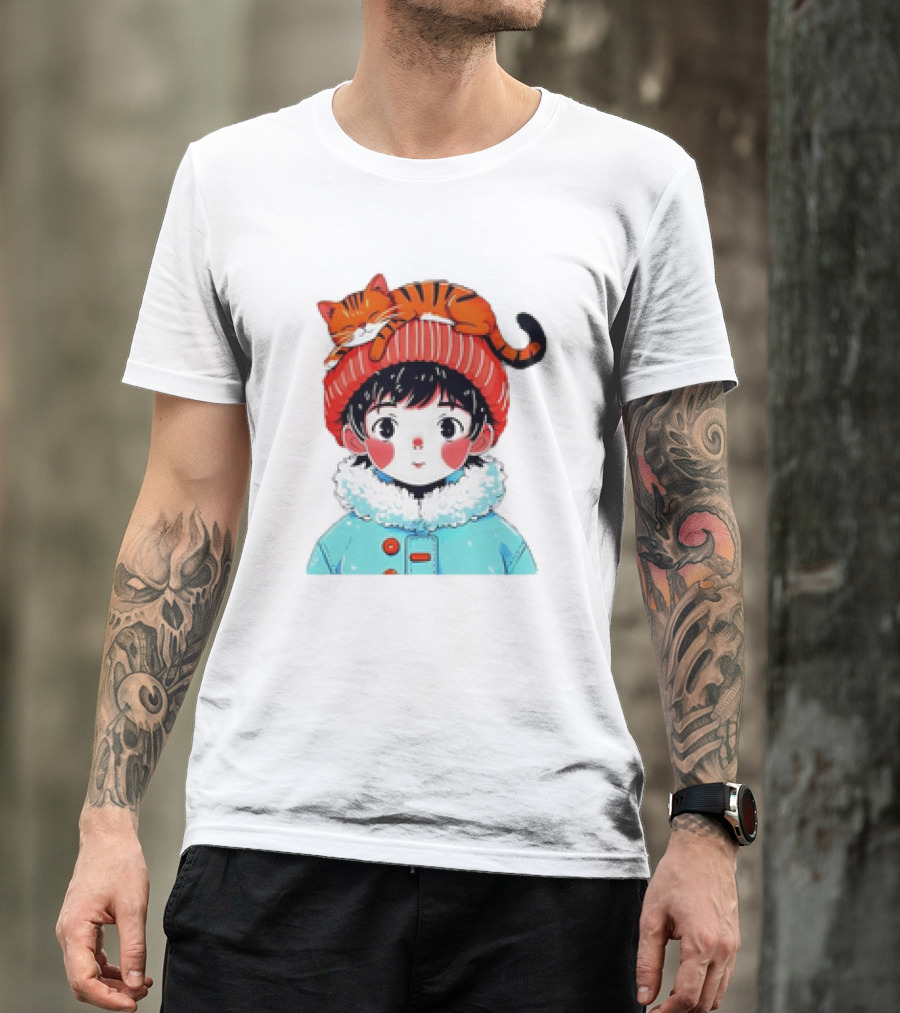 Cute Anime Child In Winter Coat With Adorable Cat Hat T-Shirt