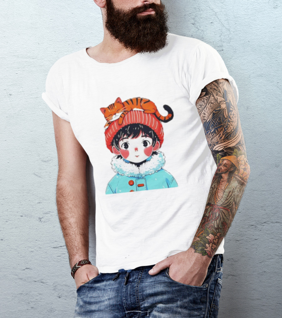 Cute Anime Child In Winter Coat With Adorable Cat Hat T-Shirt