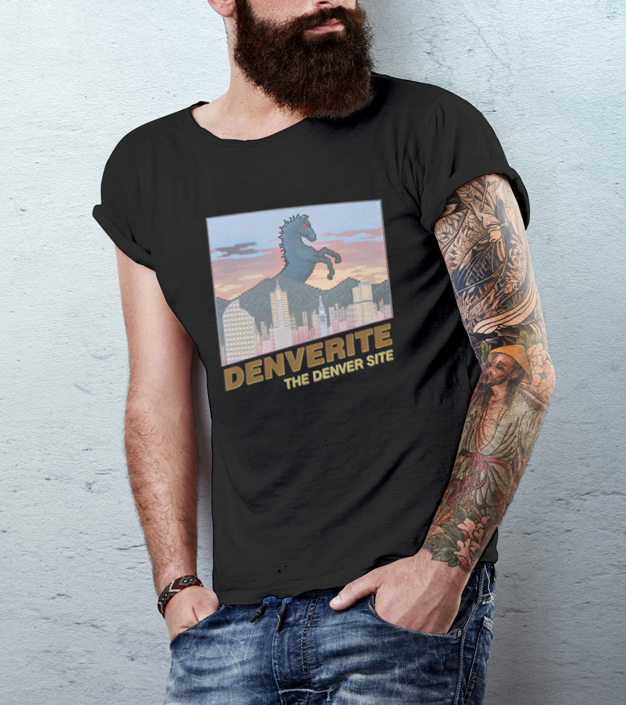 Denverite The Denver Site City Skyline And Rearing Blue Mustang T-Shirt