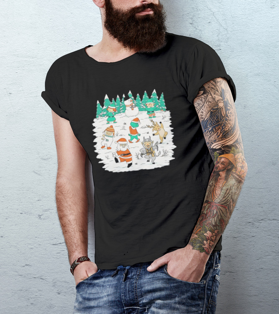 Christmas Dance Party With Santa, Krampus, Grinch, Snowman, And Reindeer In Winter Forest T-Shirt