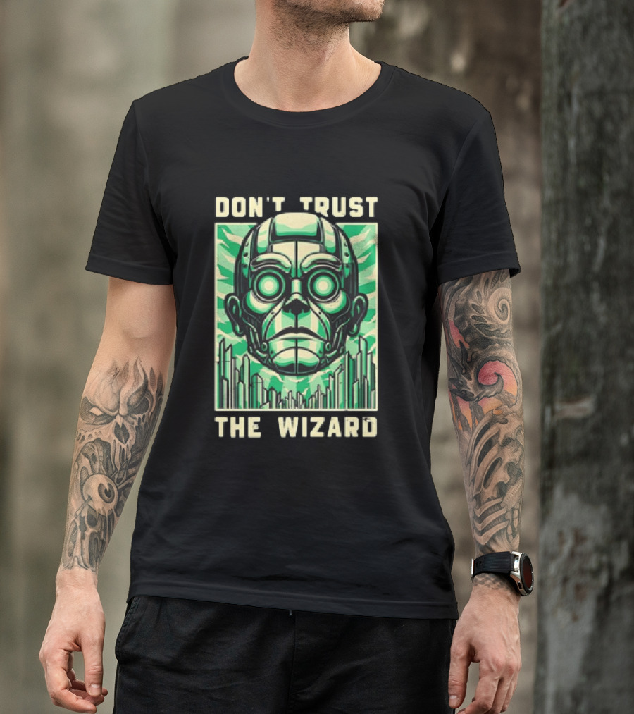 Don't Trust The Wizard Futuristic Metallic Face With Green Shards T-Shirt