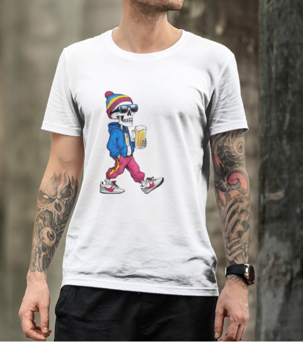 Skeleton Somewhere It's Beer Time Walking With A Mug T-Shirt