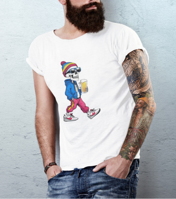 Skeleton Somewhere It's Beer Time Walking With A Mug T-Shirt
