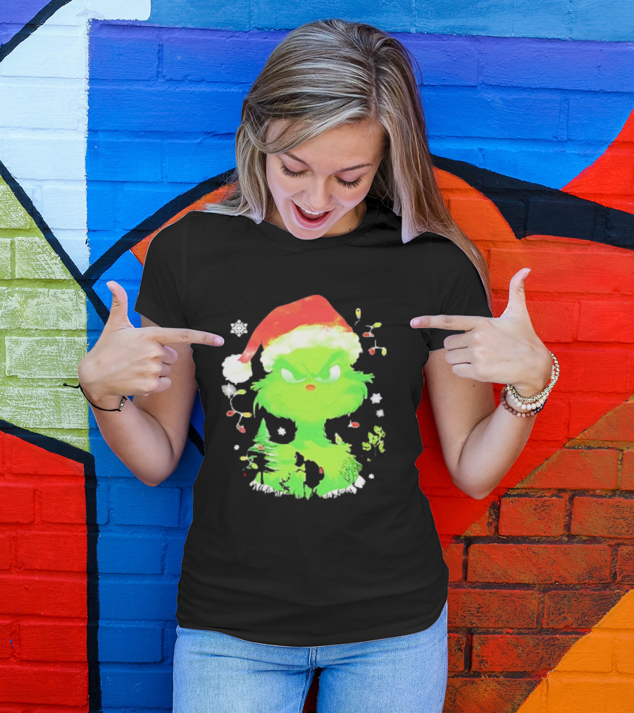 Grinch In Santa Hat Surrounded By Snowflakes And Christmas Lights T-Shirt