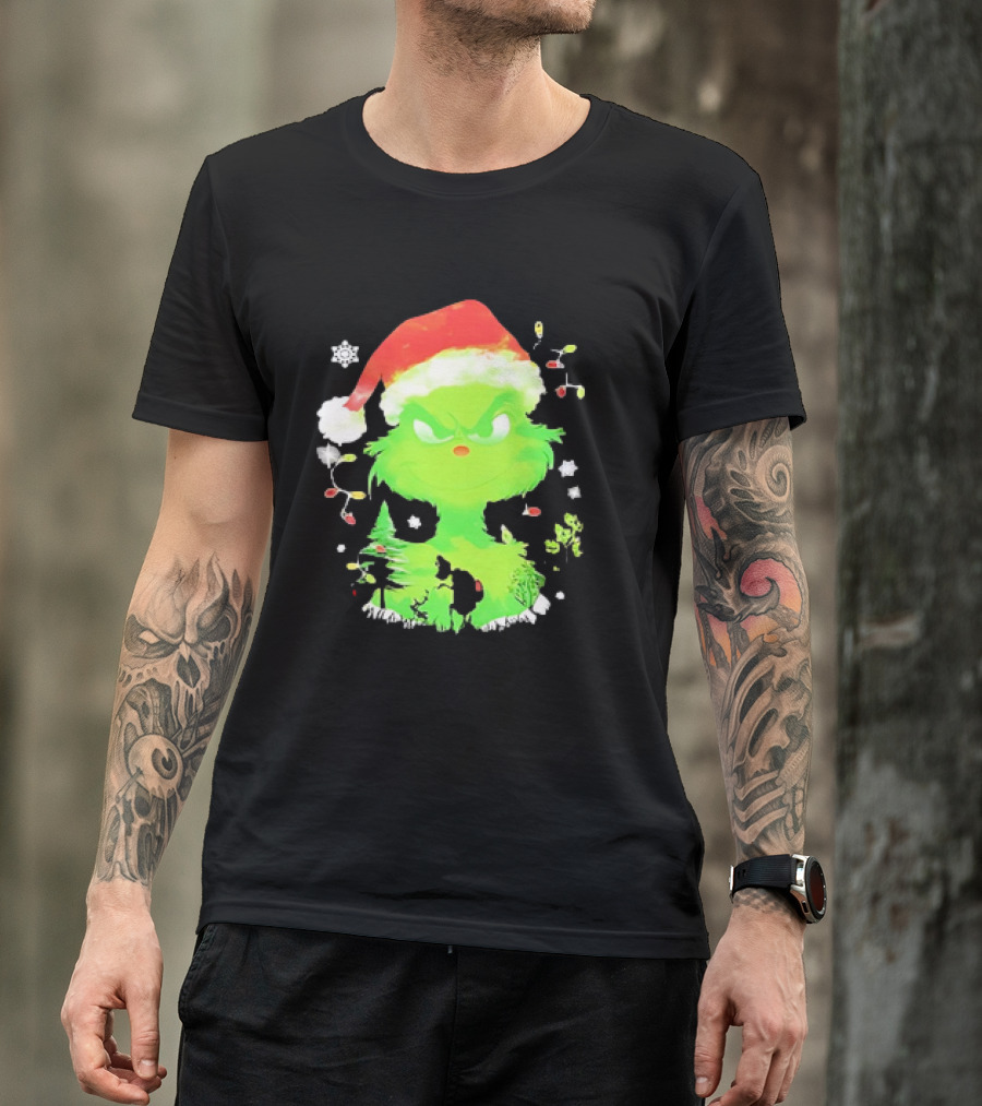 Grinch In Santa Hat Surrounded By Snowflakes And Christmas Lights T-Shirt