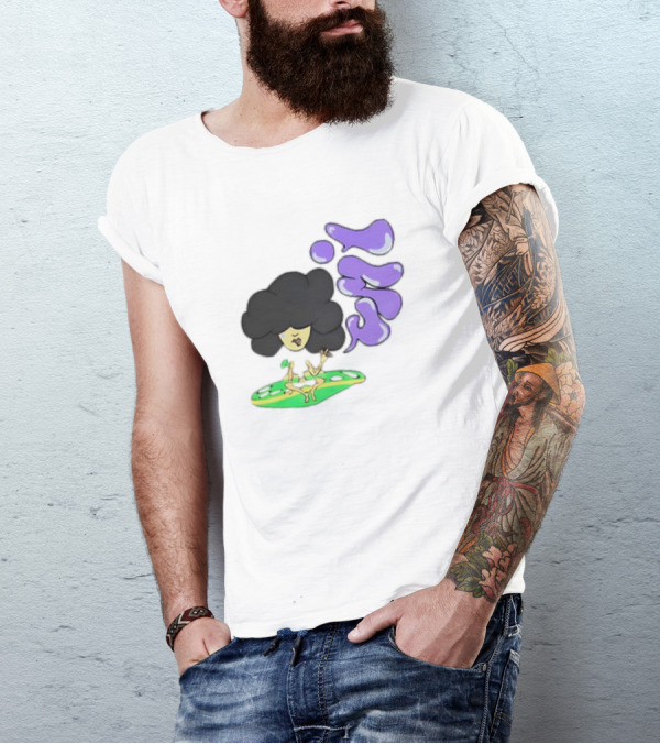Umi Afro Character On Green UFO With Purple Bubble Letters T-Shirt