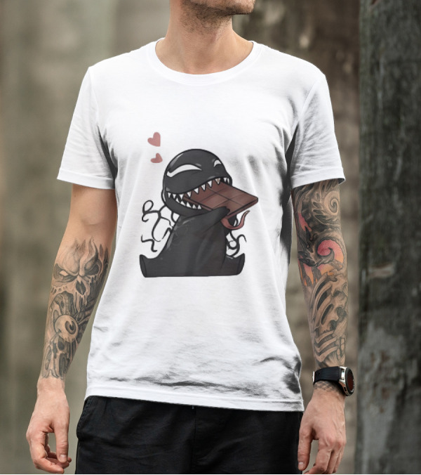 Venom Eating Chocolate Cartoon Meme With Hearts T-Shirt