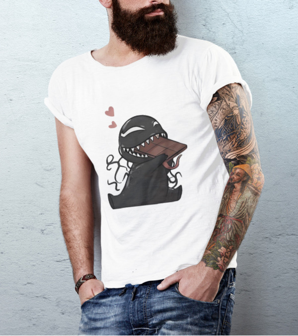 Venom Eating Chocolate Cartoon Meme With Hearts T-Shirt