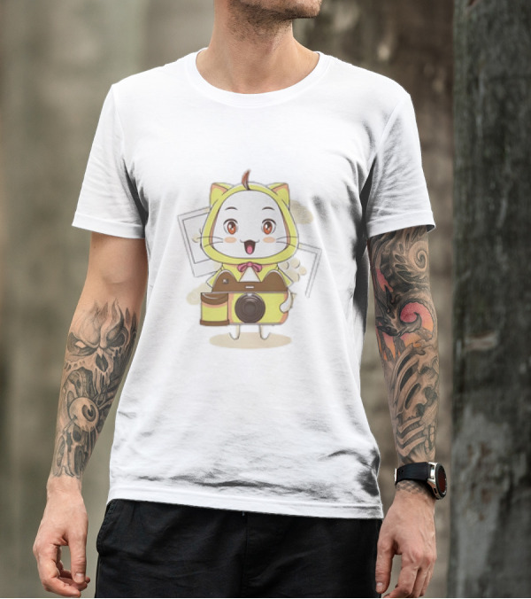 White Cat With Classic Camera Drawing T-Shirt