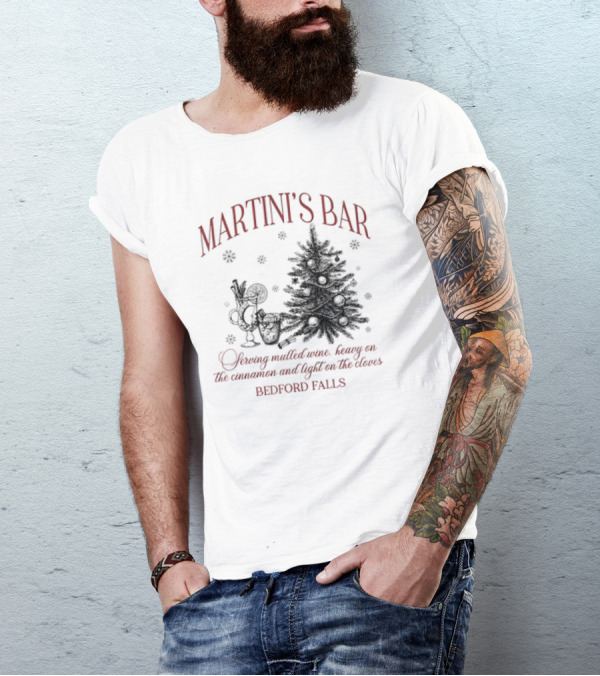 Martini's Bar Serving Mulled Wine Bedford Falls Christmas Tree T-Shirt