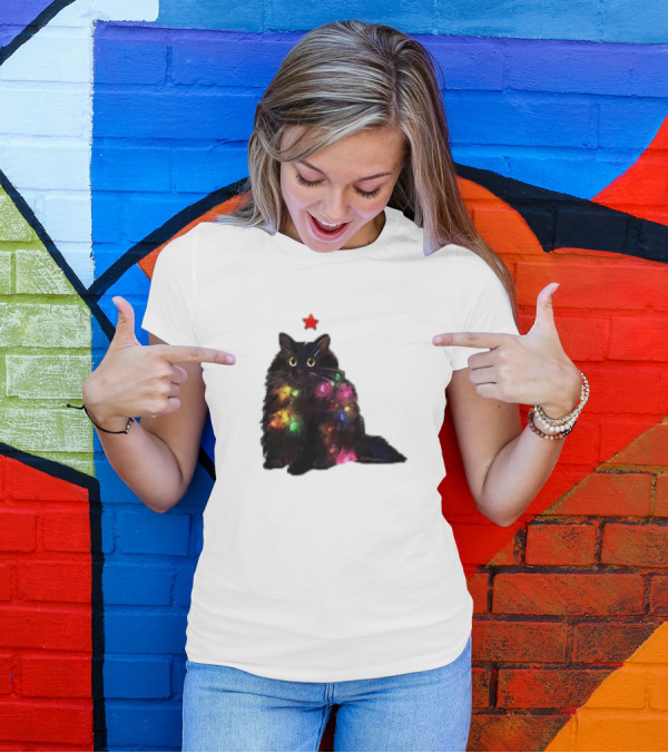 Black Cat Wrapped In Colorful Christmas Lights With Red Star T-Shirt
