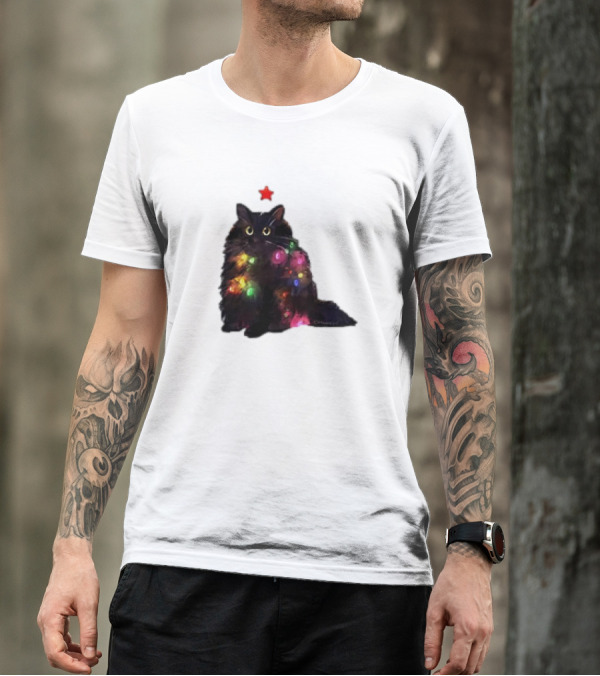 Black Cat Wrapped In Colorful Christmas Lights With Red Star T-Shirt