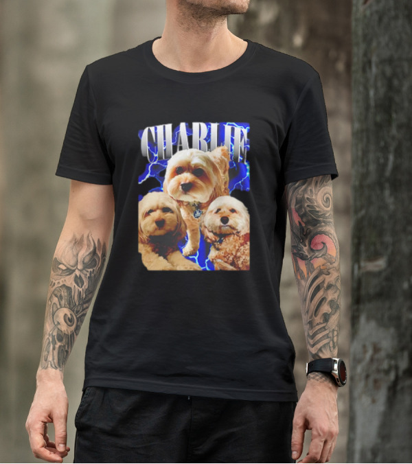 Charlie Three Dogs Blue Lightning Background T-Shirt