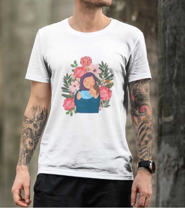 Mom And New Baby Boy Mother's Day Paint Floral Embrace T-Shirt