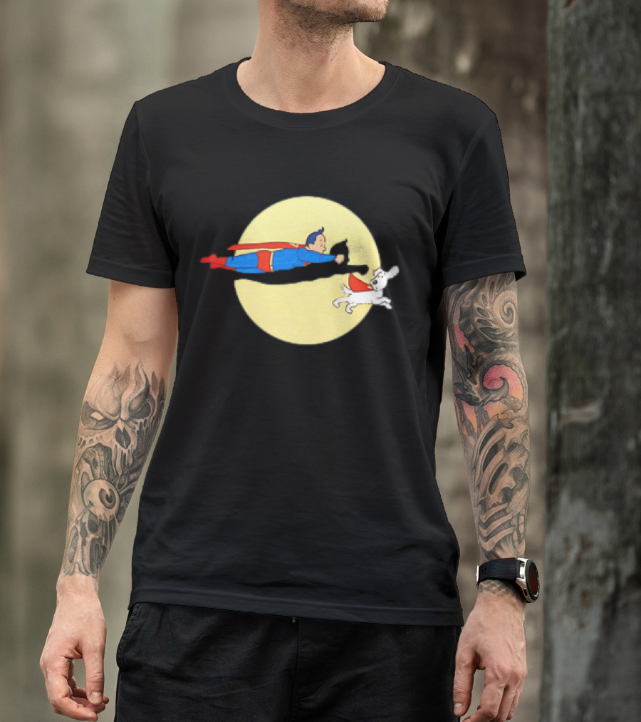 Superman And Krypto X The Adventures Of Tintin Super Tintin Flying Duo Moon Background T-Shirt