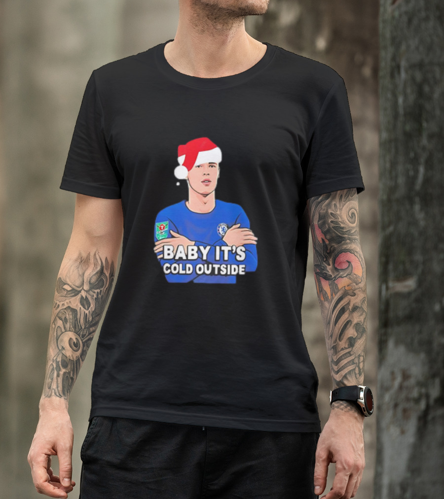 Baby It's Cold Outside Santa Hat Footballer In Blue T-Shirt