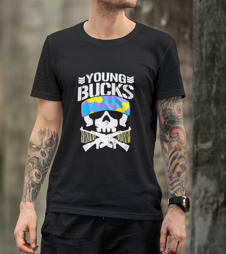 Young Bucks Skull With Camo Headband And Crossed Rifles T-Shirt