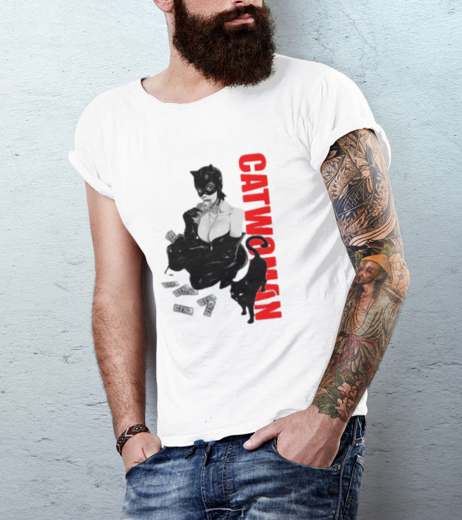 Catwoman Cartoon Noir With Money And Black Cat T-Shirt