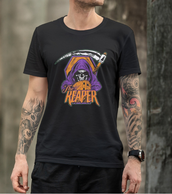 American Gothic Style Skull With Scythe Reaper Hooded Figure T-Shirt