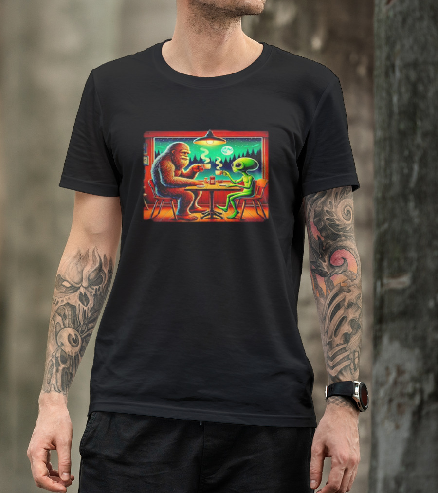 Bigfoot And Alien Coffee Meetup In Cabin At Night With Moonlit Forest T-Shirt